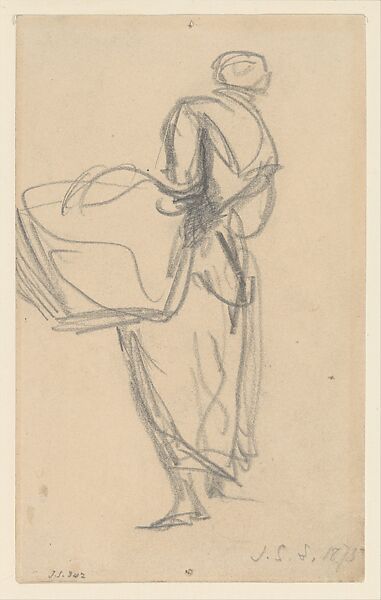 Woman with Basket, John Singer Sargent (American, Florence 1856–1925 London), Graphite on dark buff wove paper, American 