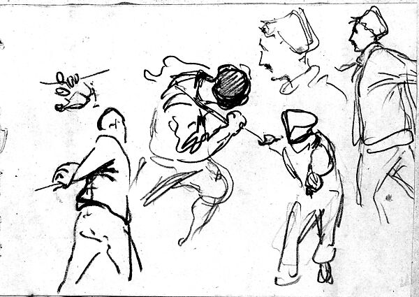 Men Pulling Ropes (from Scrapbook), John Singer Sargent (American, Florence 1856–1925 London), Graphite on tan wove paper, American