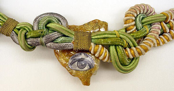 Choker, leather, brass, copper, rock crystal (quartz?), silk, plastic, American