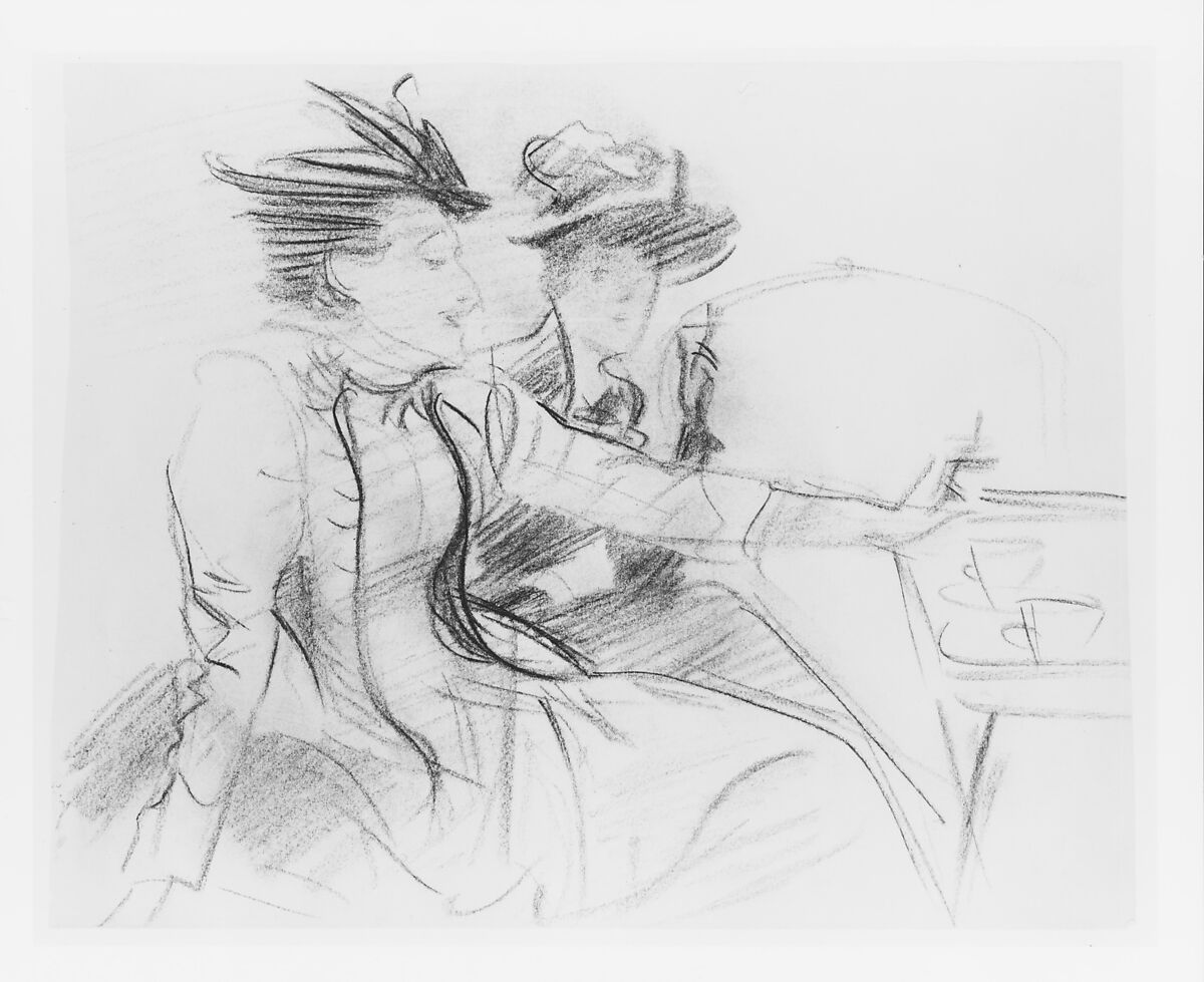 Two Women in a Café, John Singer Sargent (American, Florence 1856–1925 London), Charcoal on off-white wove paper, American