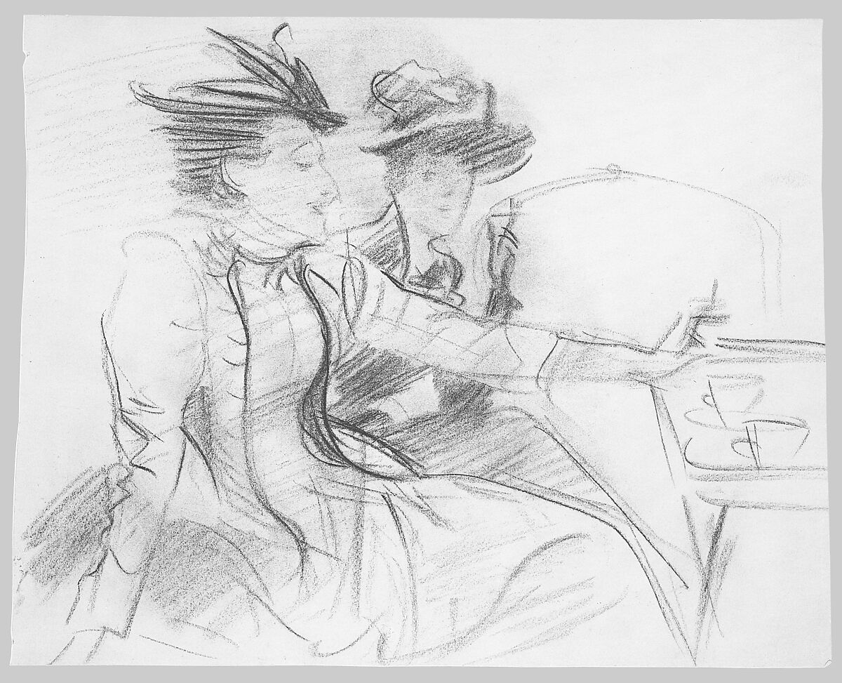 Two Women in a Café, John Singer Sargent (American, Florence 1856–1925 London), Charcoal on off-white wove paper, American