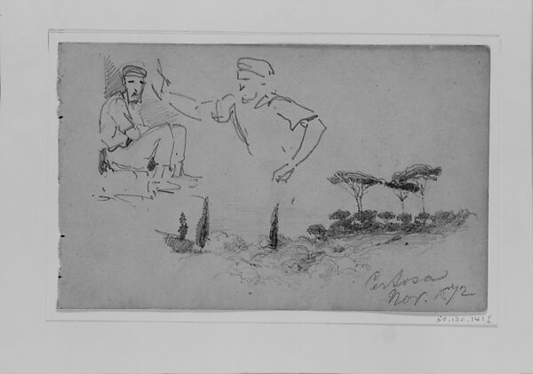 Men; Landscape with Pines, Certosa, John Singer Sargent (American, Florence 1856–1925 London), Graphite on dark gray-green wove paper, American