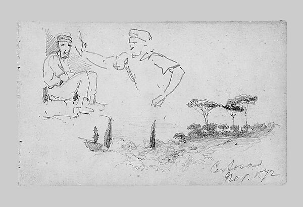 Men; Landscape with Pines, Certosa, John Singer Sargent (American, Florence 1856–1925 London), Graphite on dark gray-green wove paper, American