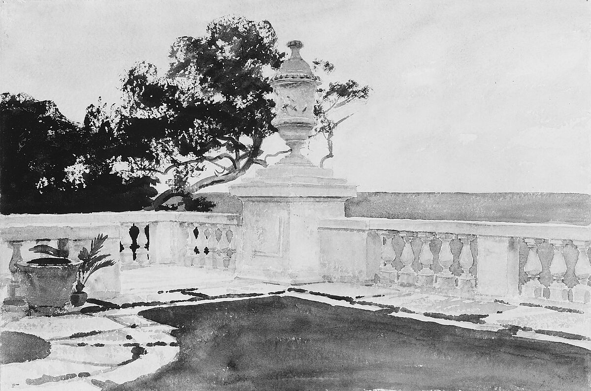 Terrace, Vizcaya, John Singer Sargent (American, Florence 1856–1925 London), Watercolor and graphite on white wove paper, American