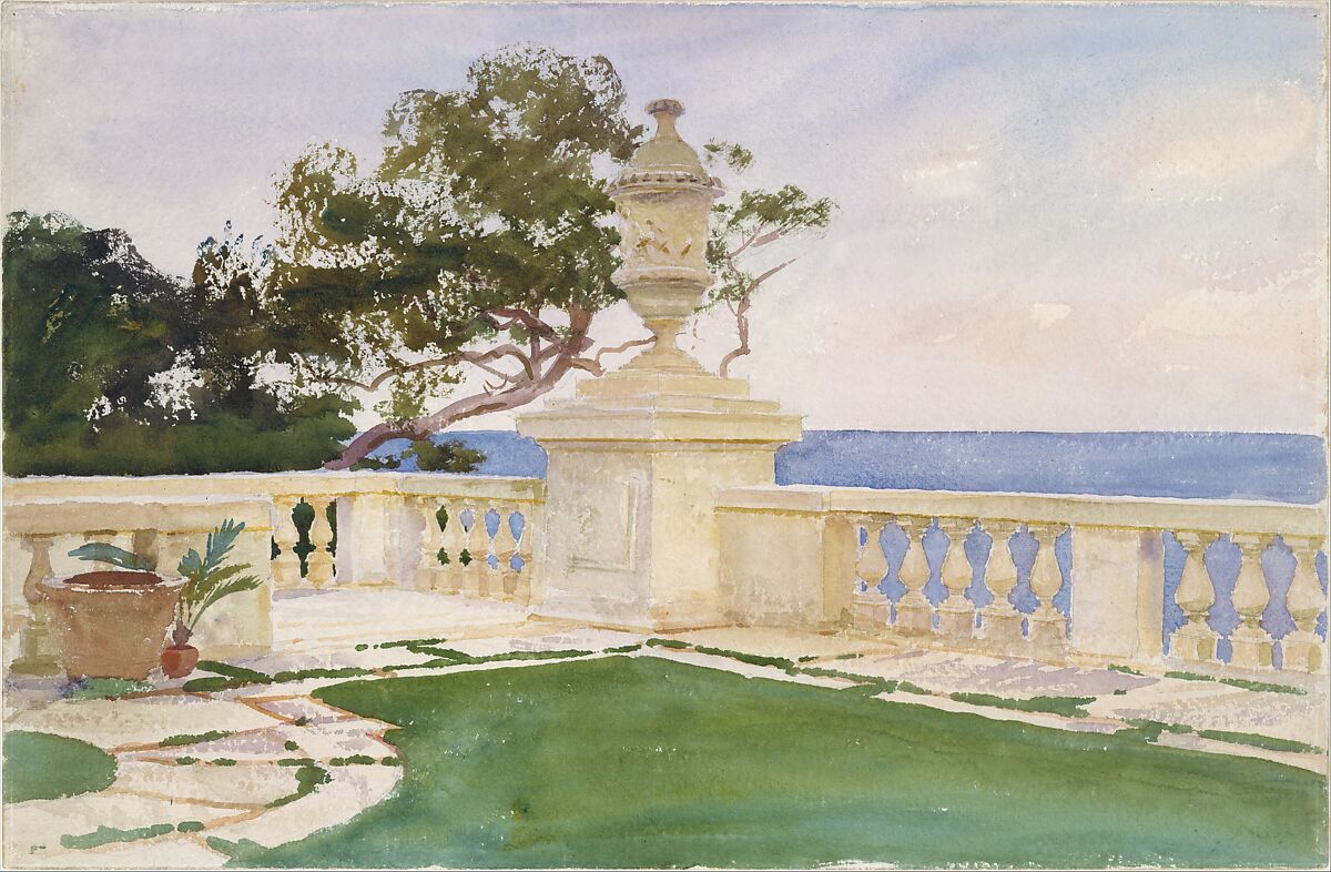 Terrace, Vizcaya, John Singer Sargent (American, Florence 1856–1925 London), Watercolor and graphite on white wove paper, American