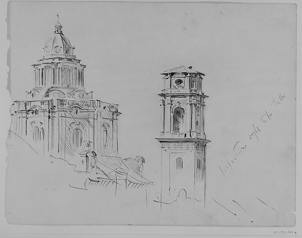 Dome of San Lorenzo and Campanile, Turin, John Singer Sargent (American, Florence 1856–1925 London), Pen and ink and graphite on off-white wove paper, American