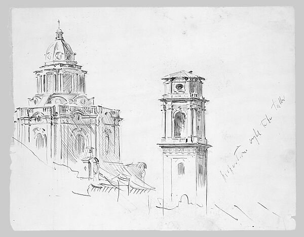 Dome of San Lorenzo and Campanile, Turin, John Singer Sargent (American, Florence 1856–1925 London), Pen and ink and graphite on off-white wove paper, American 