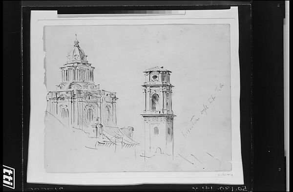 Dome of San Lorenzo and Campanile, Turin, John Singer Sargent (American, Florence 1856–1925 London), Pen and ink and graphite on off-white wove paper, American