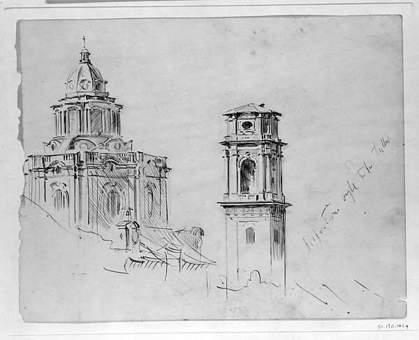 Dome of San Lorenzo and Campanile, Turin, John Singer Sargent (American, Florence 1856–1925 London), Pen and ink and graphite on off-white wove paper, American