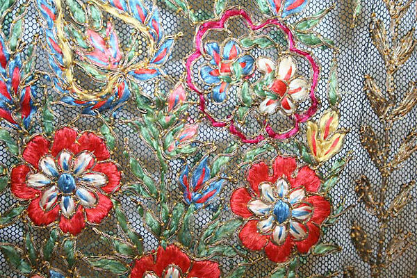 Stole, cotton, silk floss, metallic thread