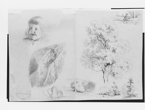 Head of a Child, Mountain Scene, Objects for a Still Life, Trees, Figure in a Boat, John Singer Sargent (American, Florence 1856–1925 London), Graphite and chalk on blue wove paper, American