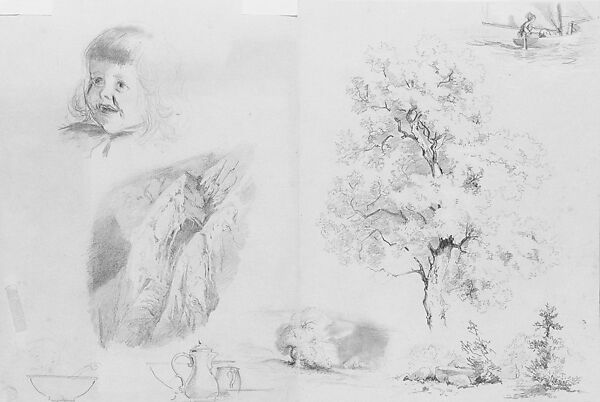 Head of a Child, Mountain Scene, Objects for a Still Life, Trees, Figure in a Boat, John Singer Sargent (American, Florence 1856–1925 London), Graphite and chalk on blue wove paper, American 