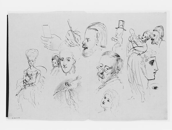 Fitzwilliam Sargent (Heads, Hands, Mother and Child, and Other Figures), John Singer Sargent (American, Florence 1856–1925 London), Pen and ink on blue wove paper, American
