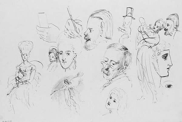 Heads, Hands, Mother and Child, and Other Figures, John Singer Sargent (American, Florence 1856–1925 London), Pen and ink on blue wove paper, American 