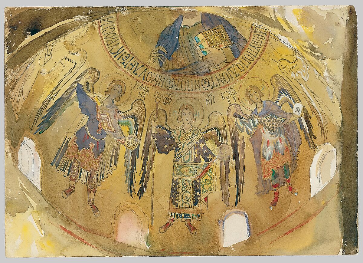 Angels, Mosaic, Palatine Chapel, Palermo, John Singer Sargent (American, Florence 1856–1925 London), Watercolor, gouache, and graphite on off-white wove paper, American