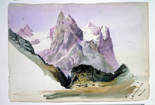 Wellhorn and Wetterhorn from Brunig (overleaf) (from "Splendid Mountain Watercolours" Sketchbook), John Singer Sargent (American, Florence 1856–1925 London), Watercolor and graphite on off-white wove paper, American 