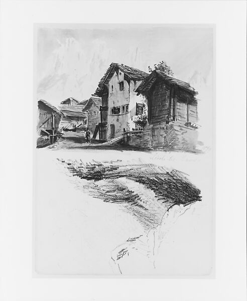 Village Scene; Loèche-les-Bains (from "Splendid Mountain Watercolors" Sketchbook), John Singer Sargent (American, Florence 1856–1925 London), Watercolor, wax crayon, and graphite on off-white wove paper, American 