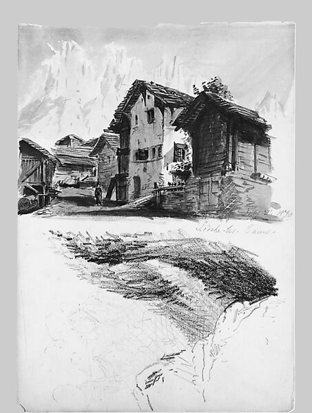 Village Scene; Loèche-les-Bains (from "Splendid Mountain Watercolors" Sketchbook), John Singer Sargent (American, Florence 1856–1925 London), Watercolor, wax crayon, and graphite on off-white wove paper, American