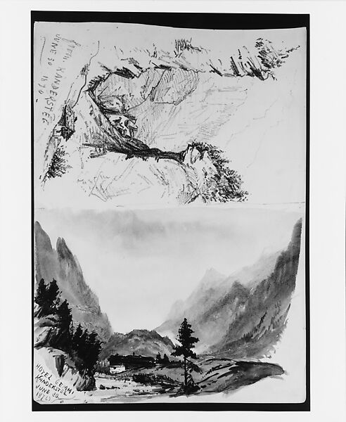 Views from Kandersteg; Entrance to the Gasternthal, Kanderthal from the Hotel Gemmi (from "Splendid Mountain Watercolours" Sketchbook), John Singer Sargent (American, Florence 1856–1925 London), Wax crayon, graphite, and watercolor on off-white wove paper, American 