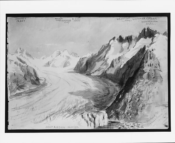 Aletsch Glacier from Eggishorn (from "Splendid Mountain Watercolours" Sketchbook), John Singer Sargent (American, Florence 1856–1925 London), Watercolor and graphite on off-white wove paper, American 
