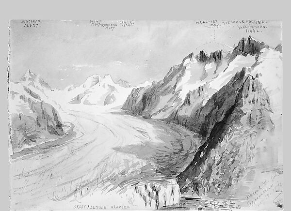 Aletsch Glacier from Eggishorn (from "Splendid Mountain Watercolours" Sketchbook), John Singer Sargent (American, Florence 1856–1925 London), Watercolor and graphite on off-white wove paper, American