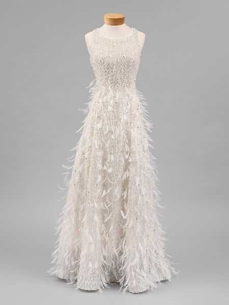 Evening dress, House of Balmain (French, founded 1945), silk, glass, feathers, French 
