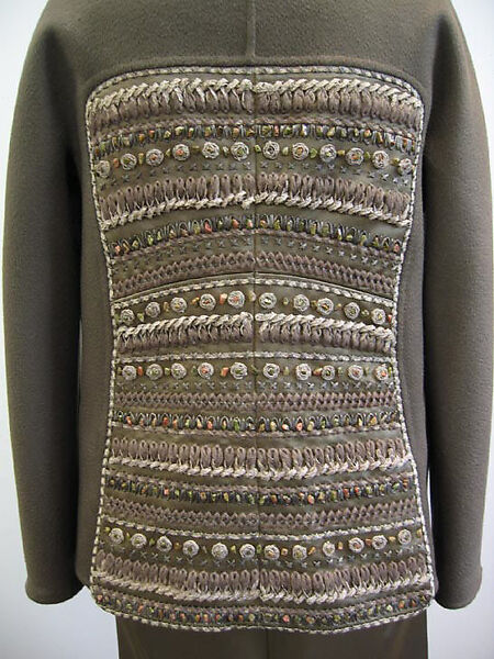 Ensemble, Ralph Rucci (American, born 1957), a) wool, silk, stone, raffia; b) silk, American