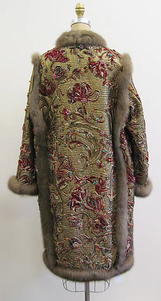 Ensemble, Oscar de la Renta, LLC. (American, founded 1965), a) silk, metallic thread, plastic, glass, fur; b) silk, metallic thread, American