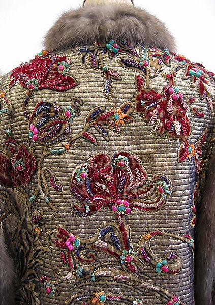 Ensemble, Oscar de la Renta, LLC. (American, founded 1965), a) silk, metallic thread, plastic, glass, fur; b) silk, metallic thread, American