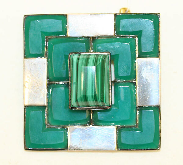 Pin, Bill Blass Ltd. (American, founded 1970), malachite, glass, silver, American 