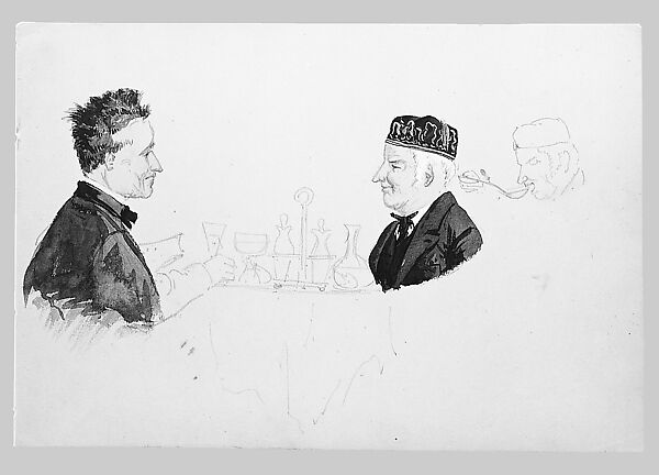 Two Men at a Table, Man Eating (from Switzerland 1869 Sketchbook), John Singer Sargent (American, Florence 1856–1925 London), Watercolor, gouache, and graphite on off-white wove paper, American