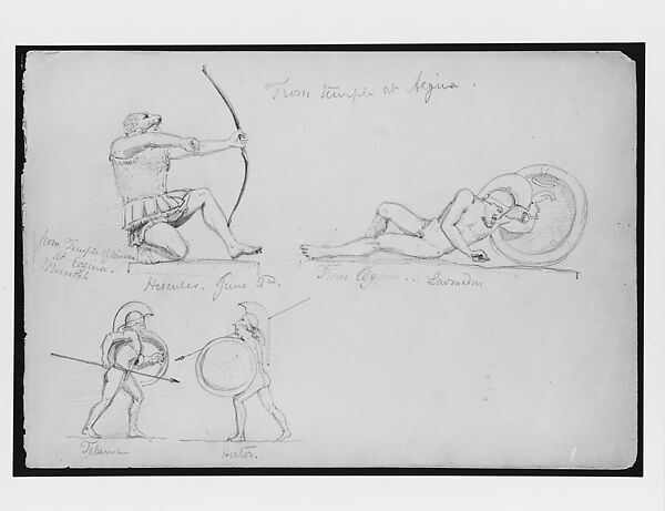 Pediment Sculptures from Temple at Aegina, Glypotothek, Munich (from Switzerland 1869 Sketchbook), John Singer Sargent (American, Florence 1856–1925 London), Graphite on off-white wove paper, American 