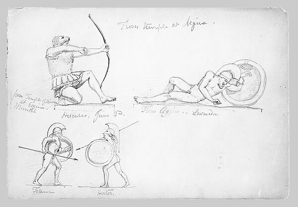 Pediment Sculptures from Temple at Aegina, Glypotothek, Munich (from Switzerland 1869 Sketchbook), John Singer Sargent (American, Florence 1856–1925 London), Graphite on off-white wove paper, American