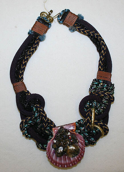 Choker, silk, metallic fibers (?), leather, copper, shells, rhinestones, plastic, glue, crystal (?), American 