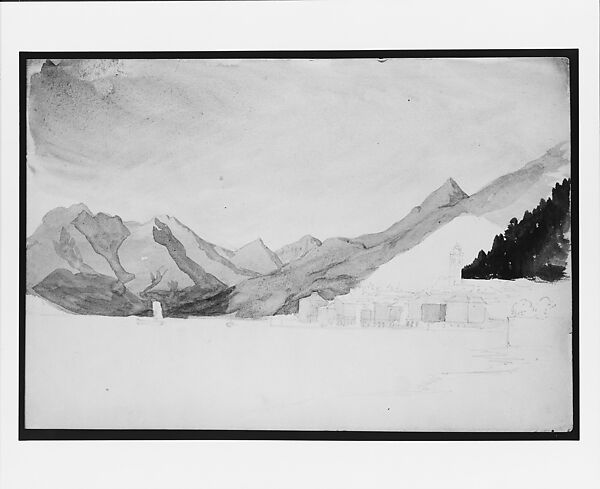 Town at Edge of Mountain Lake (from Switzerland 1869 Sketchbook), John Singer Sargent (American, Florence 1856–1925 London), Watercolor and graphite on off-white wove paper, American 