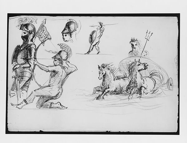 Knights in Armor, Warrior, Neptune Fountain (from Switzerland 1869 Sketchbook), John Singer Sargent (American, Florence 1856–1925 London), Graphite on off-white wove paper, American 