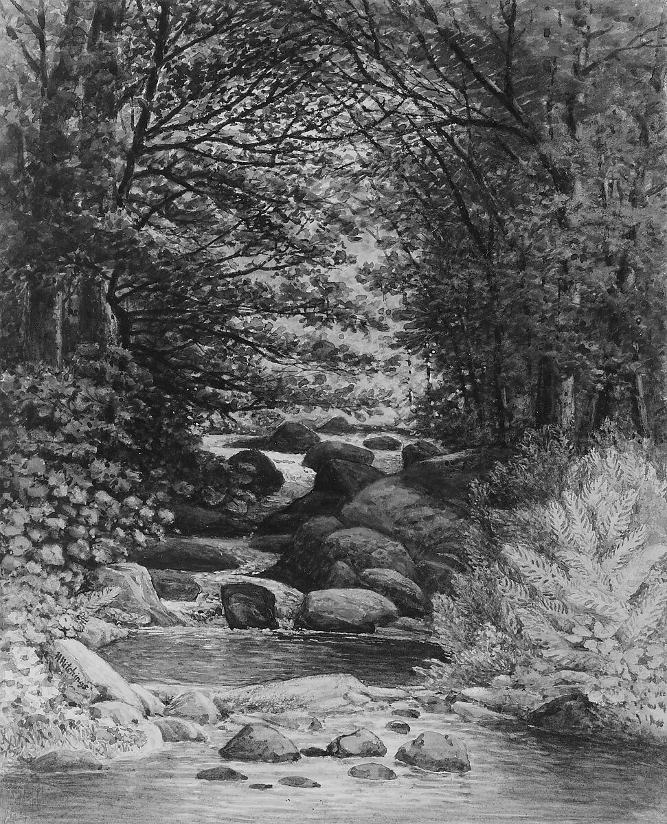 A Forest Cascade at Hiram, Maine, Henry Hitchings (1824–1902), Watercolor, gouache, and graphite on off-white Bristol board, American 