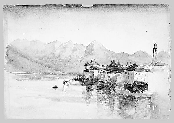 Town at Edge of Mountain Lake (from Switzerland 1869 Sketchbook), John Singer Sargent (American, Florence 1856–1925 London), Graphite and watercolor on off-white wove paper, American
