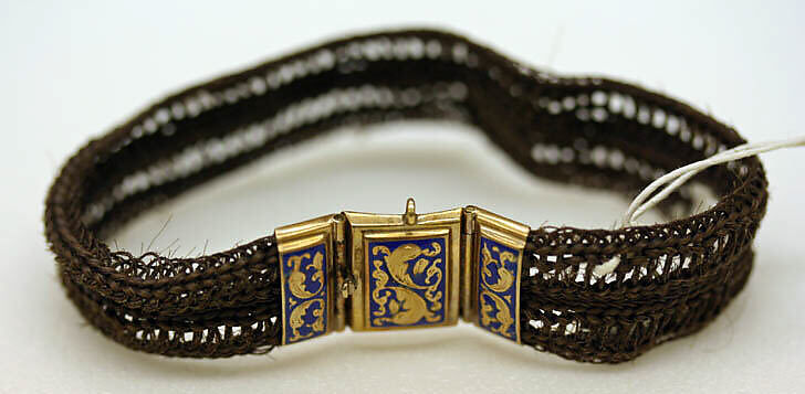 Bracelet, hair, metal, enamel, American 