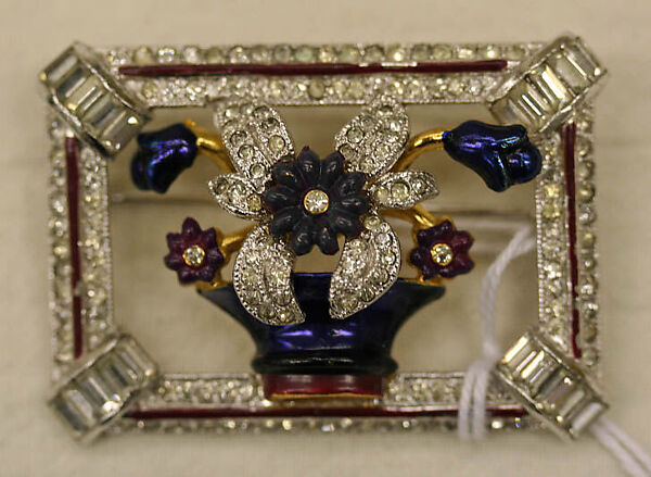 Brooch, metal, rhinestones, enamel, American 