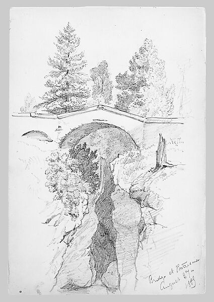 Bridge at Pontresina (from Switzerland 1869 Sketchbook), John Singer Sargent (American, Florence 1856–1925 London), Graphite on off-white wove paper, American