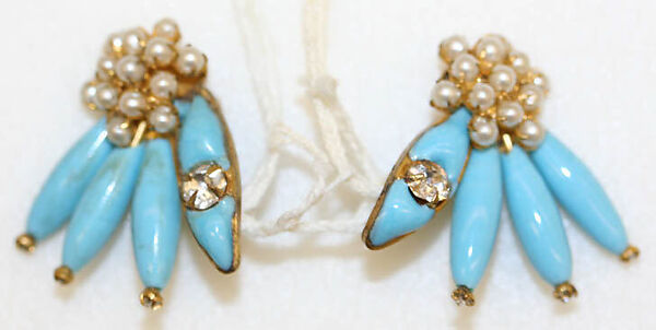 Earrings, House of Balmain (French, founded 1945), glass, pearl, metal, rhinestones, French 