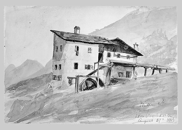 Mill at Pontresina (from Switzerland 1869 Sketchbook), John Singer Sargent (American, Florence 1856–1925 London), Watercolor and graphite on off-white wove paper, American