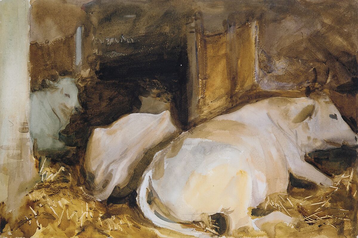 Three Oxen, John Singer Sargent (American, Florence 1856–1925 London), Watercolor, graphite, and wax crayon on off-white wove paper, American