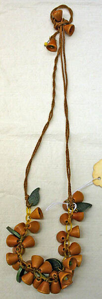 Necklace, wood, plastic, silk (?), glass, American 