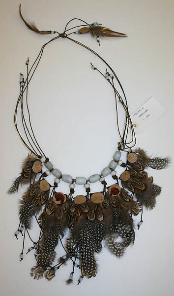 Necklace, glass, plastic, feathers, American 