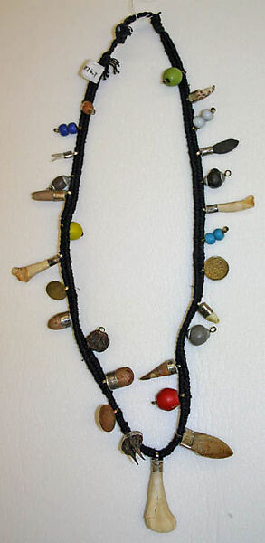 Necklace, cotton, metal, glass, shell, bone, seed, wood, teeth, American 