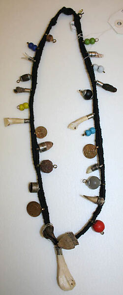 Necklace, cotton, metal, glass, shell, bone, seed, wood, teeth, American 