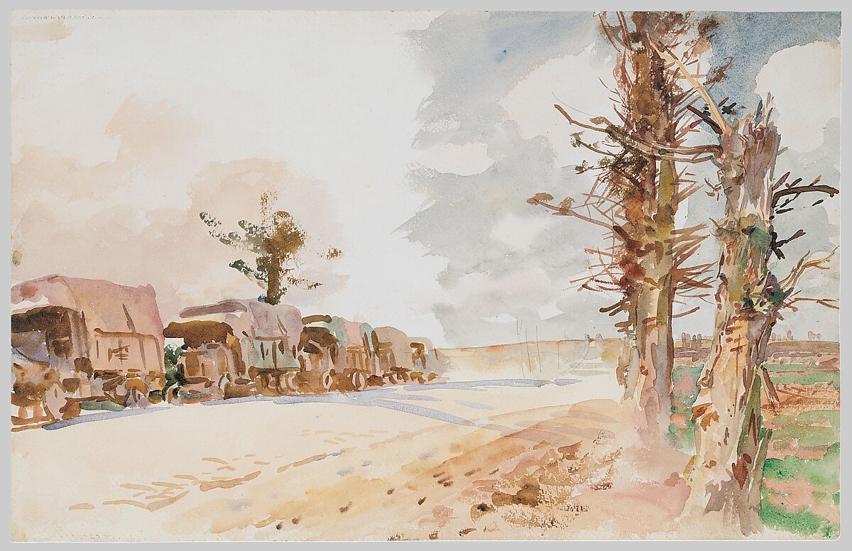 Truck Convoy, John Singer Sargent (American, Florence 1856–1925 London), Watercolor and graphite on white wove paper, American