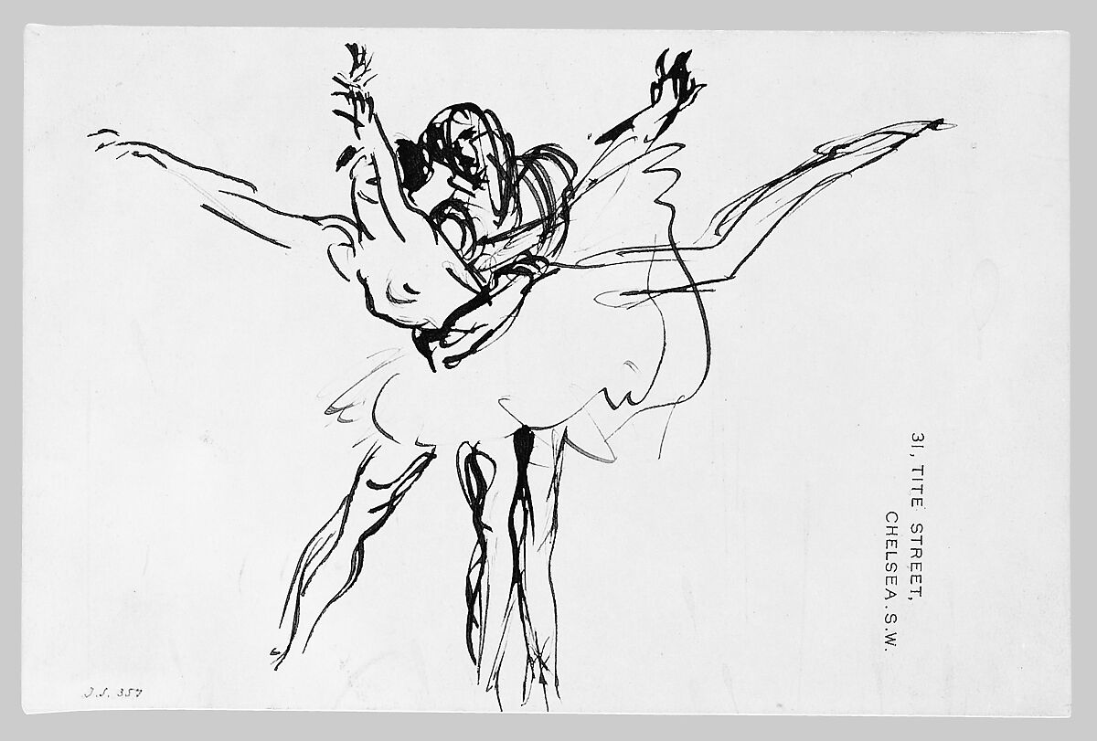 Two Dancers, John Singer Sargent (American, Florence 1856–1925 London), Pen and ink on off-white wove paper, American